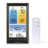 AcuRite vista frontal con pantalla a color mostrando temperaturas y humedad, lectura rápida
