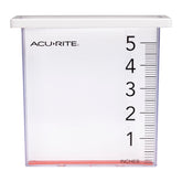 AcuRite pluviómetro frontal con montaje visible y lectura rápida