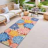 Arenarug alfombra exterior frontal mostrando patrón floral y colores vibrantes