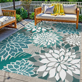 Arenarug vista frontal de la alfombra teal mostrando patrón floral y beneficio estético