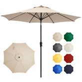 Ayge vista frontal de la sombrilla beige protegiendo mesa de exterior