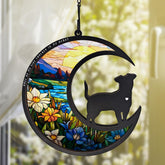 BamLue vista frontal del suncatcher mostrando colores y figura canina reconfortante