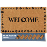 Barnyard Designs felpudo frontal mostrando diseño Welcome Paws y bienvenida funcional