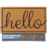 Barnyard Designs felpudo frontal mostrando diseño "Hello" y borde negro, añade bienvenida elegante