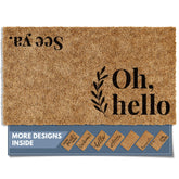 Barnyard Designs felpudo frente mostrando diseño "Oh Hello" y bienvenida clara