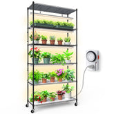 Barrina estantería CX6 vista frontal mostrando 6 niveles y plantas saludables