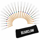 BEARCLAW paquete frontal mostrando 24 palos telescópicos y funda, listo para fogata