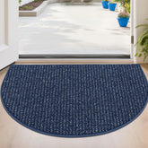 BEQHAUSE felpudo semicírculo frontal mostrando diseño azul y beneficio de atrapar suciedad