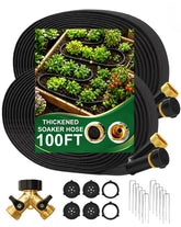 Bluepro imagen frontal del kit de manguera empapadora mostrando embalaje y contenido, ideal para huertos