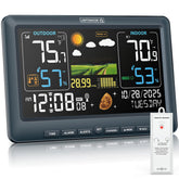 BluSon pantalla frontal HD mostrando temperatura y pronóstico, lectura clara instantánea