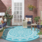 Bsmathom vista frontal alfombra redonda teal, aspecto elegante y práctico