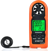 BTMETER frontal del anemómetro mostrando pantalla y botones, lectura clara