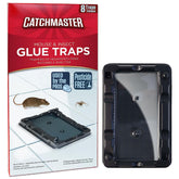 Catchmaster vista frontal del empaque que muestra trampas listas para usar y conveniencia