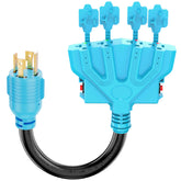 CircleCord adaptador frontal mostrando enchufe NEMA L14-30P y cuatro salidas para distribuir energía