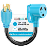 CircleCord adaptador frontal mostrando clavija L14-30P y toma TT-30R, conexión segura