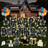 ComboJoy cartel frontal grande "Happy Birthday" visible desde distancia, impacto festivo
