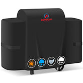 M COMNOVA OUTDOORS funda frontal sobre Pit Boss mostrando ajuste completo y protección