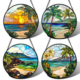 DASTOLL vista frontal del set de cuatro atrapasoles con colores oceánicos y palmera, aporta calidez