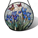 DASTOLL vista frontal del vitral iris azul y mariposa, aporta color inmediato