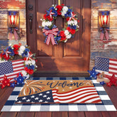 Drydiet felpudo frontal con bandera americana, bienvenido y aspecto festivo