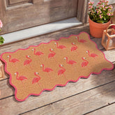 Dunzy felpudo flamingo frontal mostrando diseño rosa y bienvenida duradera