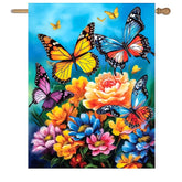 DZGlobal bandera frontal con mariposas y flores, llama la atención en la entrada