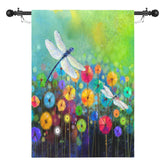 DZGlobal bandera frontal primavera con libélula, muestra colores vivos