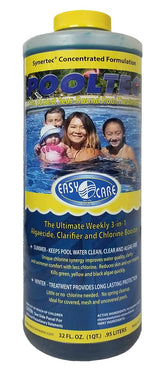 EASYCARE botella Pooltec 32 oz mostrando etiqueta y beneficio de control de algas