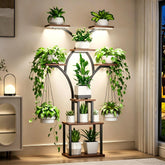 Elbourn soporte de plantas frontal mostrando 8 niveles y ahorro de espacio