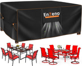 Enzeno vista frontal de la funda protegiendo mesa exterior, protección completa