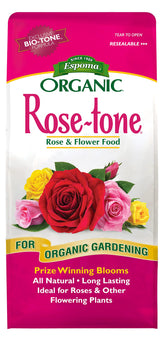 Espoma Rose-tone frente del empaque mostrando etiqueta y beneficios orgánicos