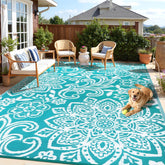Findosom alfombra exterior frontal mostrando patrón mandala y tamaño 8x10 útil