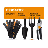 Fiskars vista frontal del set empaquetado para cuidado interior, práctico y completo
