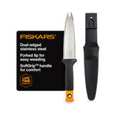 Fiskars cuchillo hori hori frontal mostrando hoja completa y beneficios multifunción