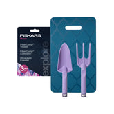 Fiskars set frontal mostrando pala cultivador y cojín, práctico y visual