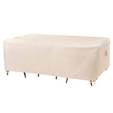F&J Outdoors vista frontal de la funda beige cubriendo mesa grande, protección