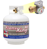 Flame King vista frontal del cilindro de 20 lb con manómetro visible y manejo sencillo