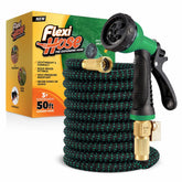 Flexi Hose frente del embalaje mostrando longitud y boquilla, facilidad de uso
