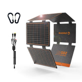FlexSolar panel frontal empaquetado mostrando portabilidad y beneficio de transporte fácil