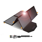 FlexSolar panel frontal desplegado mostrando superficie y logo, eficiencia alta
