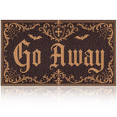 Fttoyoly felpudo gótico frontal mostrando diseño "Go Away" y bienvenida teatral