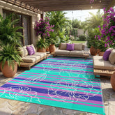 Garvee alfombra exterior frontal mostrando diseño púrpura y azul resistente