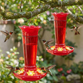 Gbekery alimentador frente mostrando diseño rojo y capacidad, atrae colibríes fácilmente