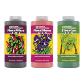 General Hydroponics frascos frontales mostrando las tres fórmulas y control de nutrientes