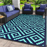 GENIMO alfombra frente 6'x9' mostrando patrón azul-verde y aspecto resistente