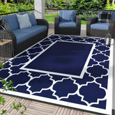 GENIMO alfombra exterior frontal mostrando diseño azul y blanco y durabilidad