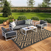GENIMO alfombra exterior frontal mostrando patrón reversible y colores prácticos