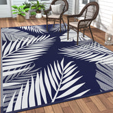 GENIMO alfombra exterior frontal mostrando patrón azul blanco y ventaja estética