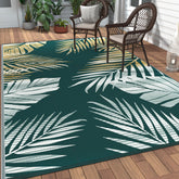 GENIMO alfombra exterior frontal mostrando diseño de hojas de palma y color lima