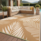 GENIMO alfombra frontal marrón beige mostrando diseño palm leaf y beneficio estético